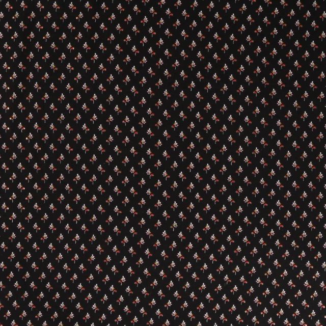 Tissu Viscose  Petites fleurs rouge et doré sur fond Noir - Par 10 cm