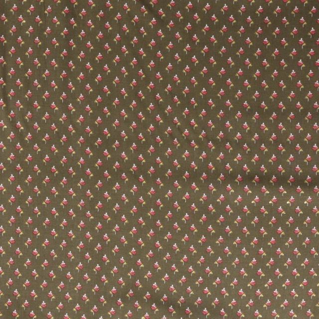 Tissu Viscose  Petites fleurs rouge et doré sur fond Vert kaki - Par 10 cm