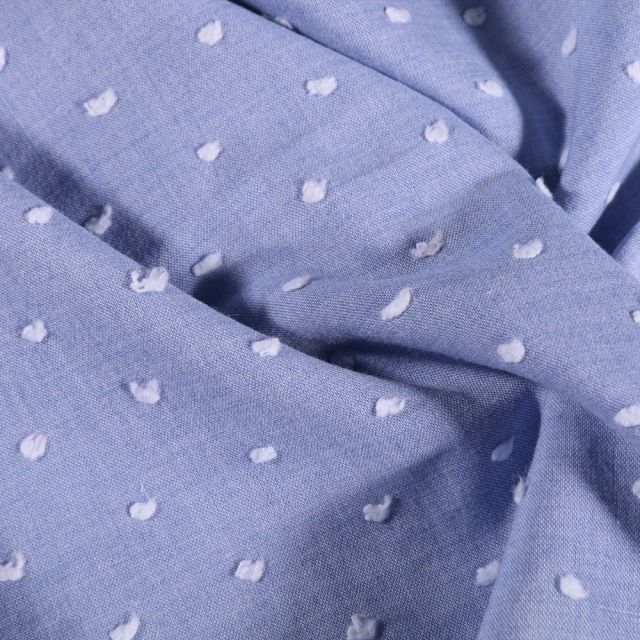 Tissu Plumetis léger  Pois blanc sur fond Bleu - Par 10 cm
