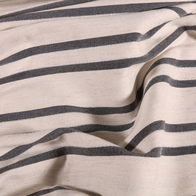 Tissu Viscose Lin Lurex Rayures grises sur fond Naturel - Par 10 cm
