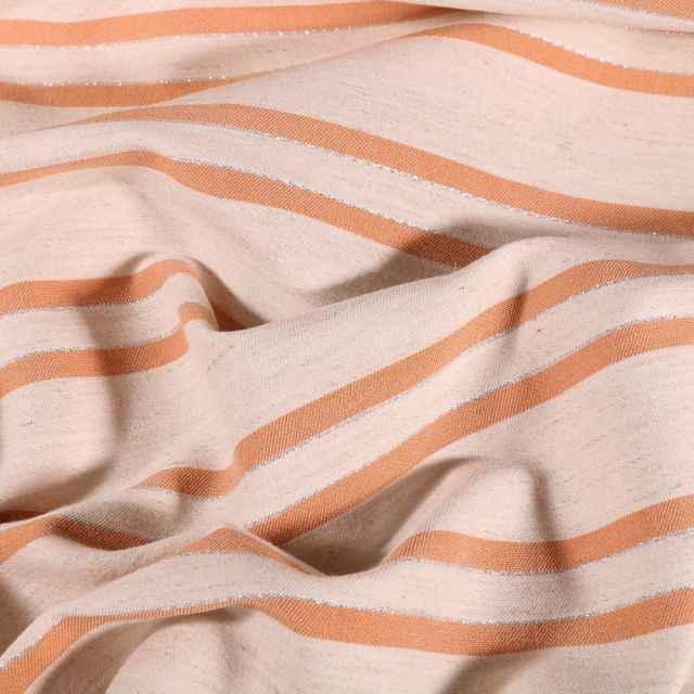 Coupon Tissu Viscose Lin Lurex Rayures saumon sur fond Naturel - Coupon de 50 cm