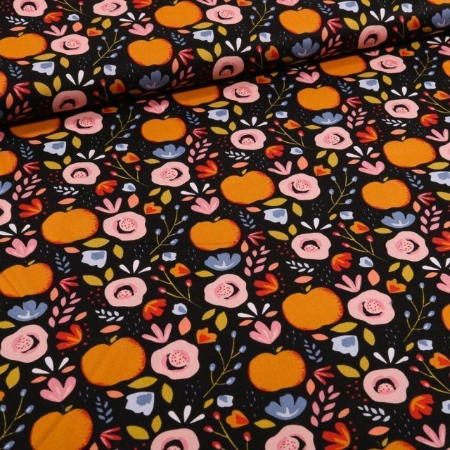 Tissu Coton imprimé LittleBird Pommes et fleurs seventies sur fond Noir - Par 10 cm