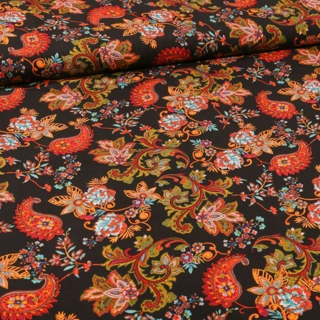 Tissu Viscose Motif cachemires  et arabesques fleuris sur fond Noir - Par 10 cm
