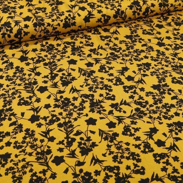 Tissu Viscose Bouquets de fleurs noirs sur fond Jaune - Par 10 cm