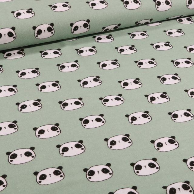 Tissu Flanelle de coton Têtes de pandas sur fond Vert d'eau - Par 10 cm