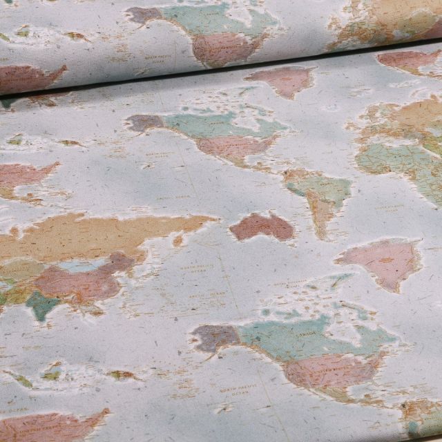 Tissu Toile Coton Carte du monde sur fond Bleu clair - Par 10 cm