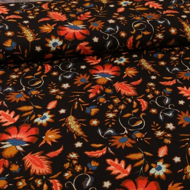 Tissu Jersey Viscose Fleuris rouge orangé sur fond Noir - Par 10 cm