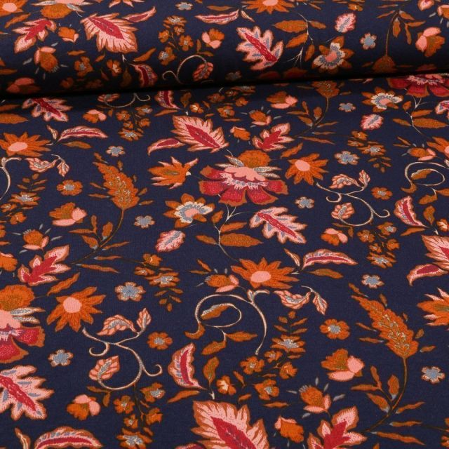 Tissu Jersey Viscose Fleurs rose et brique sur fond Bleu - Par 10 cm