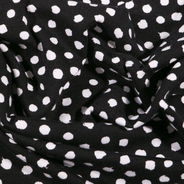Tissu Jersey Coton Bio Pois déstructurés blancs sur fond Noir - Par 10 cm