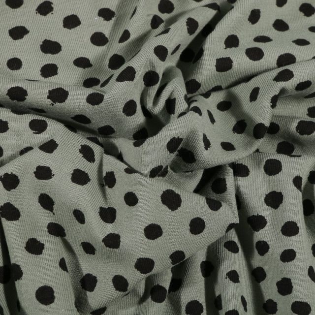 Tissu Jersey Coton Bio Pois déstructurés noirs sur fond Vert d'eau - Par 10 cm