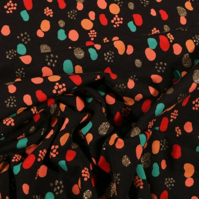Tissu Jersey Coton Petits points et pois déstructuré pailleté sur fond Noir - Par 10 cm