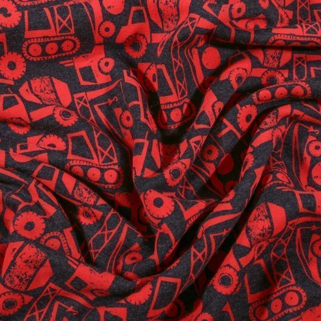 Tissu Jersey Coton envers gratté Camions grue sur fond Bleu marine - Par 10 cm