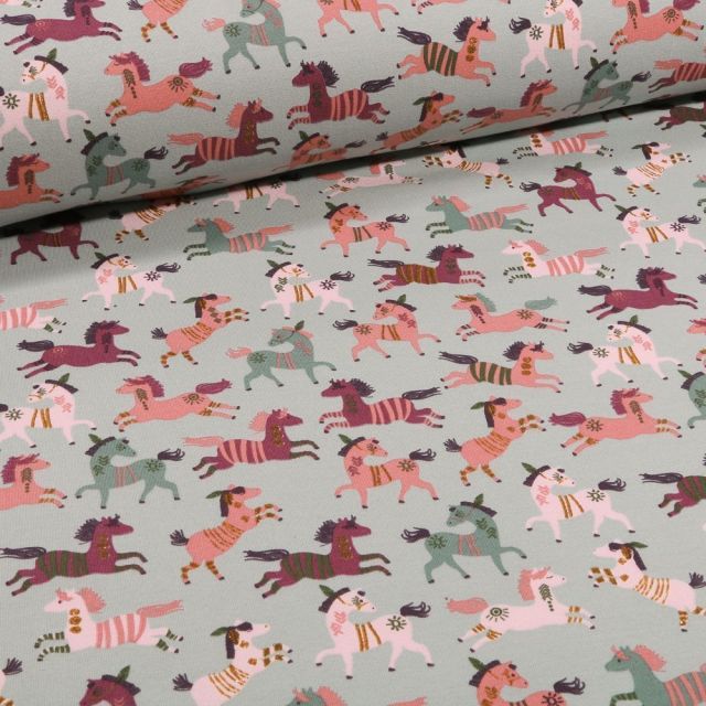 Tissu Jersey Coton Chevaux indiens sur fond Vert pâle - Par 10 cm