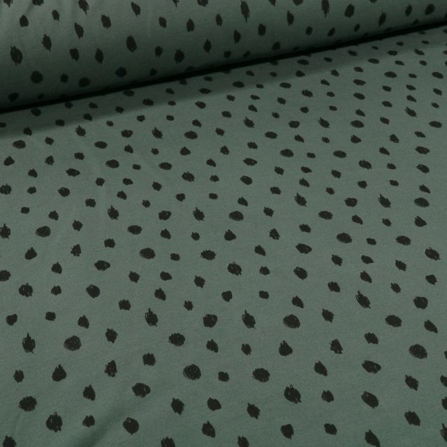 Tissu Sweat léger envers molletonné Bio Pois noirs sur fond Vert foncé - Par 10 cm