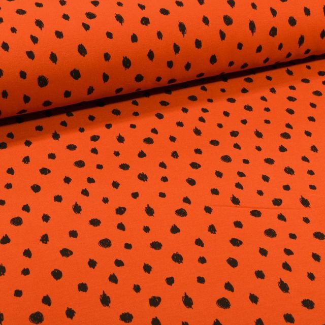 Tissu Sweat léger envers molletonné Bio Pois noirs sur fond Orange - Par 10 cm