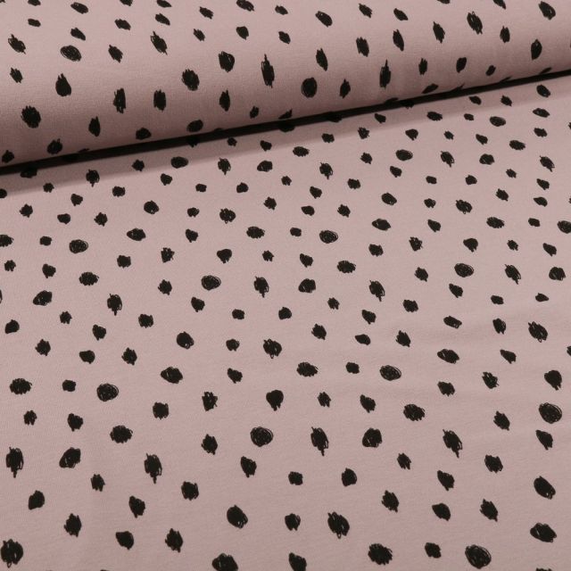 Tissu Sweat léger envers molletonné Bio Pois noirs sur fond Taupe - Par 10 cm