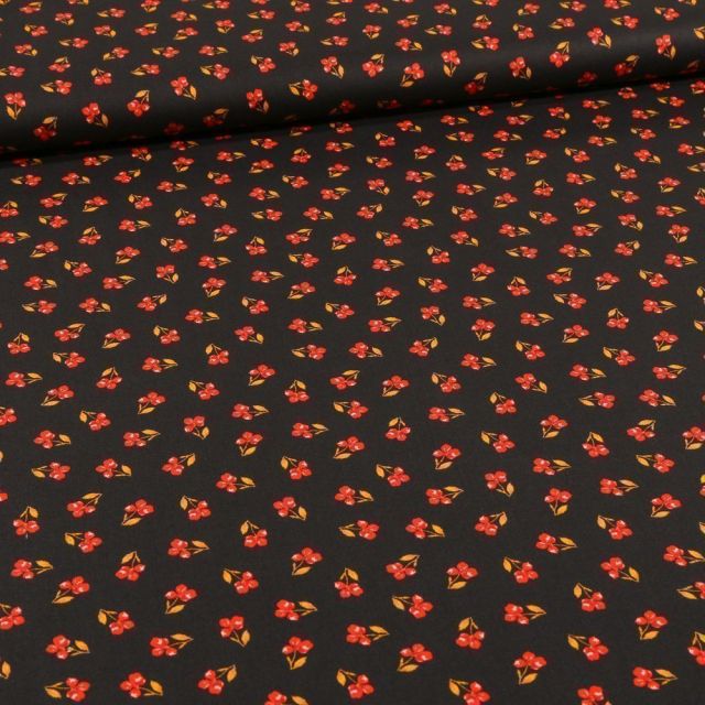 Tissu Coton imprimé Bio Petites fleurs rouge sur fond Noir - Par 10 cm