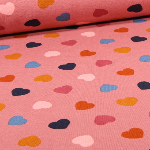 Tissu Sweat envers minky Coeus multicolores sur fond Rose