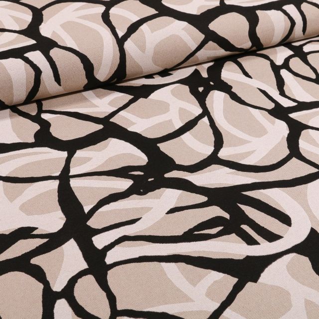 Tissu Toile Coton Formes abstraites noires et blanches sur fond Naturel - Par 10 cm