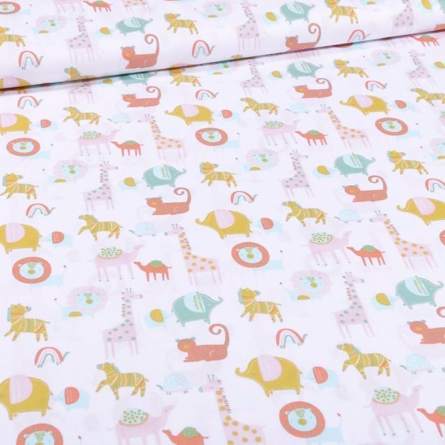 Tissu Coton imprimé Bio Animaux de la savane sur fond Blanc - Par 10 cm