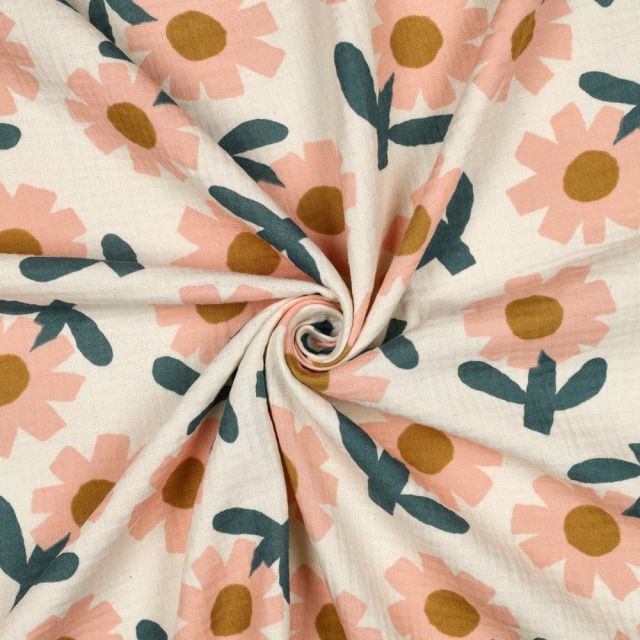 Tissu Double gaze de Coton Bio Jennifer Bouron fleurs Pêche sur fond Ecru