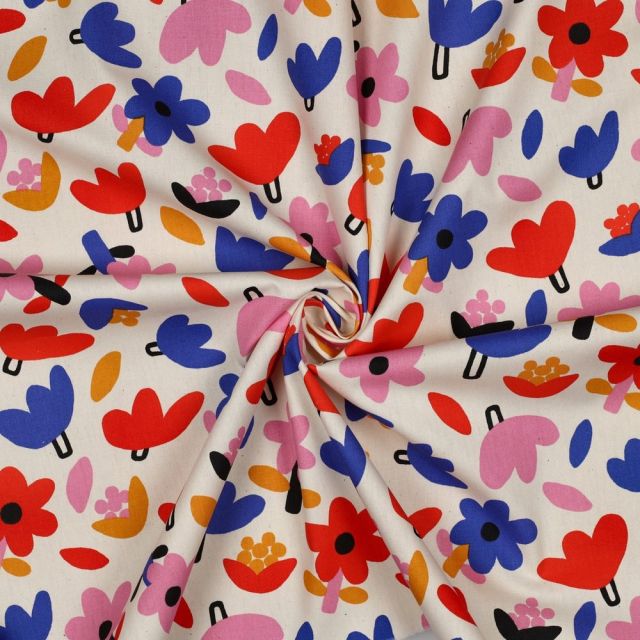 Tissu Popeline de Coton Bio Jennifer Bouron fleurs bleu et rouges sur fond Ecru