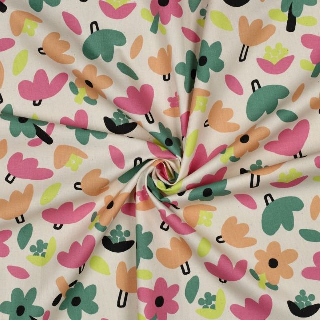 Tissu Popeline de Coton Bio Jennifer Bouron fleurs sur fond Ecru
