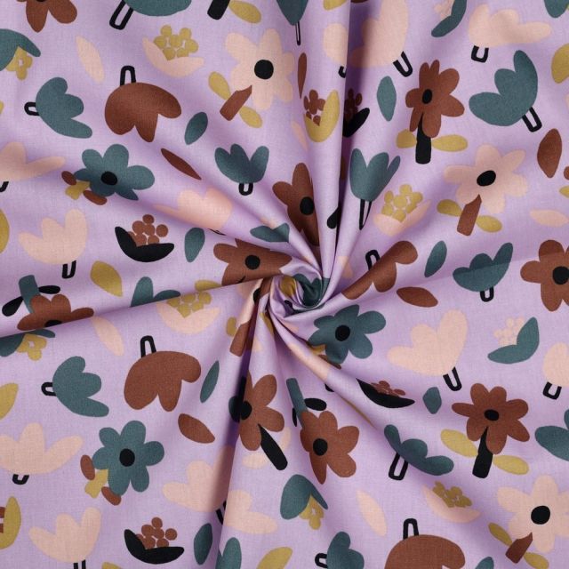 Tissu Popeline de Coton Bio Jennifer Bouron fleurs sur fond Lilas