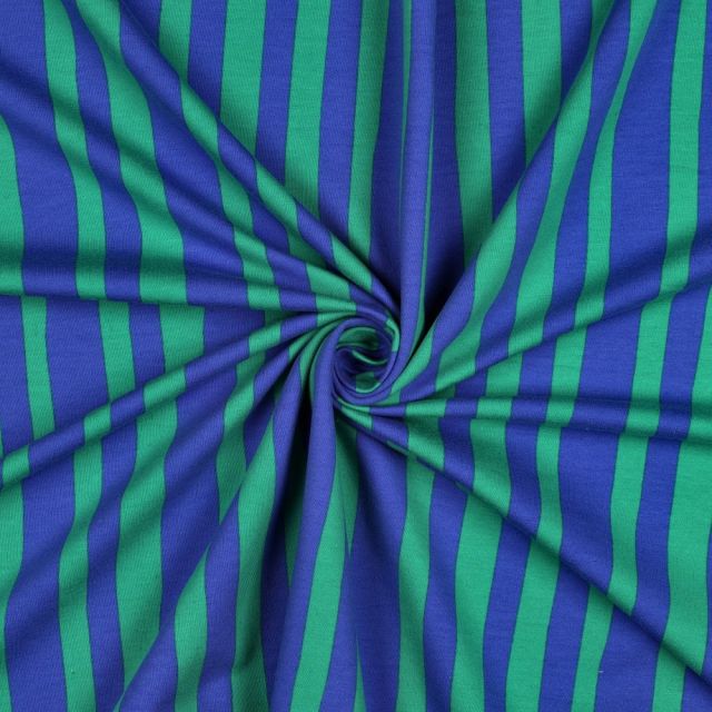 Tissu Sweat léger Bio Jennifer Bouron rayures Vert sur fond Bleu
