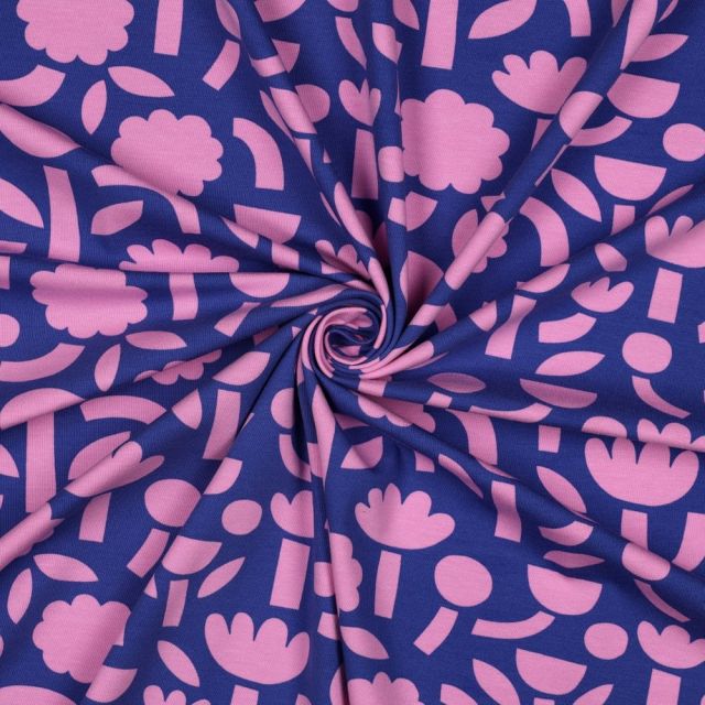 Tissu Jersey Coton Bio Jennifer Bouron fleurs Rose sur fond Bleu