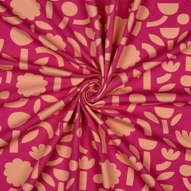 Tissu Jersey Coton Bio Jennifer Bouron fleurs Orange sur fond Rose fuchsia