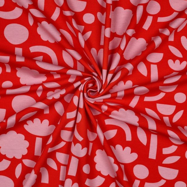 Tissu Jersey Coton Bio Jennifer Bouron fleurs rose clair sur fond Rouge