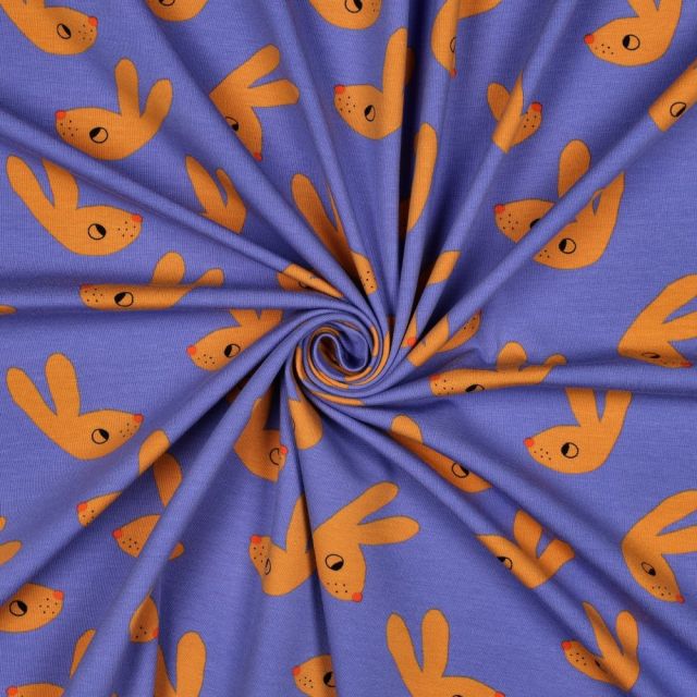 Tissu Jersey Coton Bio Jennifer Bouron lapins Rouille sur fond Bleu lavande