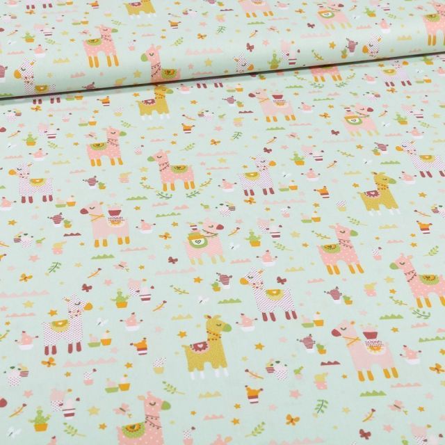 Tissu Coton imprimé LittleBird Lamas et cactus sur fond Vert menthe - Par 10 cm