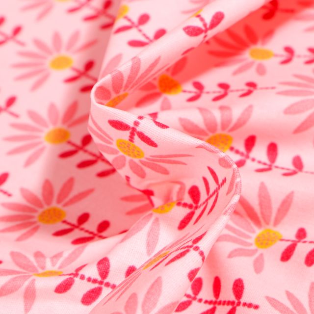 Tissu Coton enduit Pâquerettes sur fond Rose