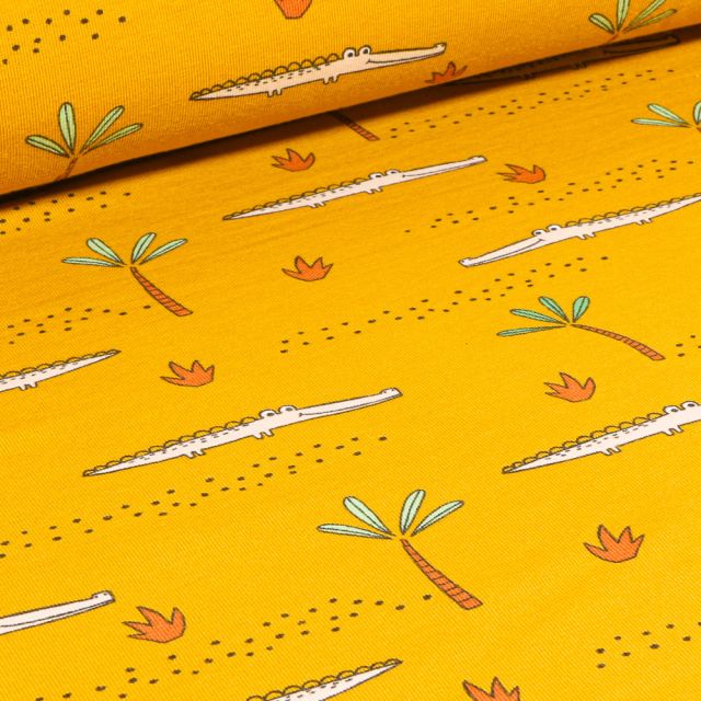 Tissu Jersey Coton Bio Crocodile et palmier sur fond Jaune