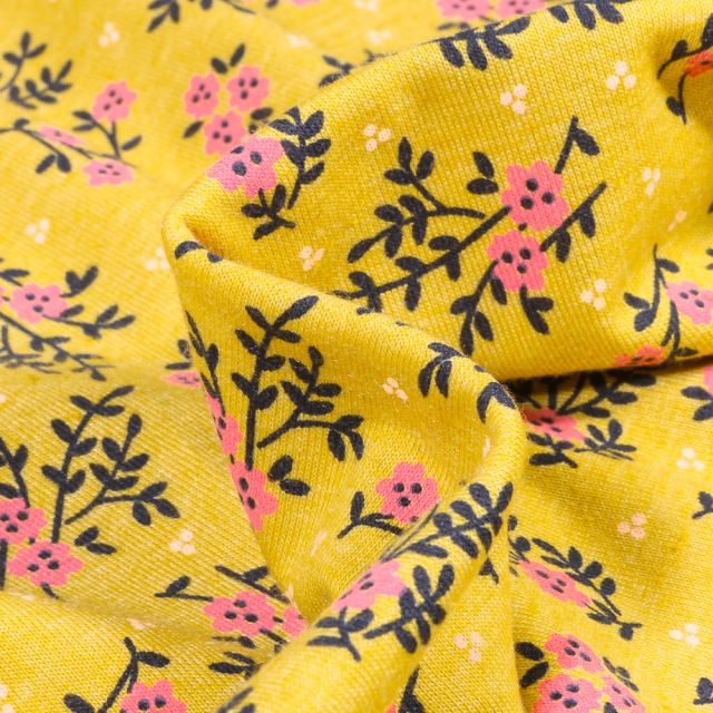 Tissu Jersey Polycoton Fleuris sur fond Jaune