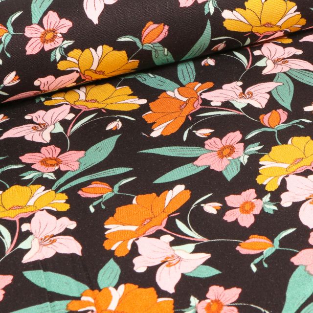Tissu Viscose Twill extensible Fleurs pastels sur fond Noir