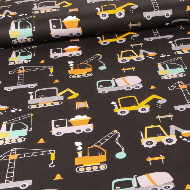 Tissu Coton imprimé Engins de chantier sur fond Noir