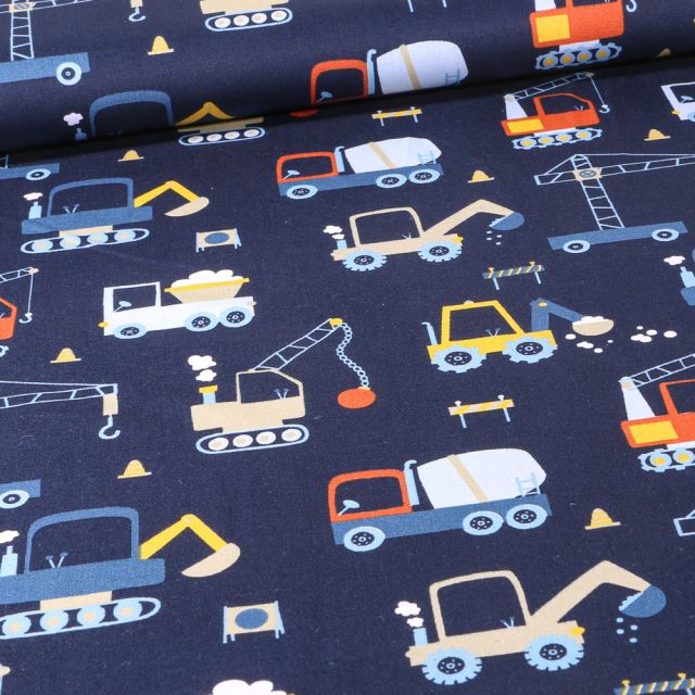 Tissu Coton imprimé Engins de chantier sur fond Bleu