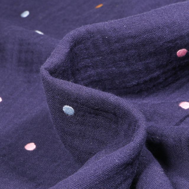 Tissu Double gaze Pois brodés colorés sur fond Bleu marine