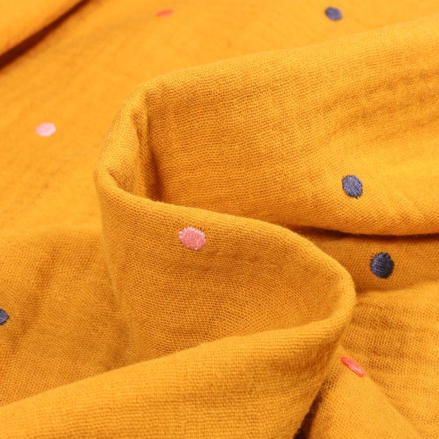 Tissu Double gaze Pois brodés colorés sur fond Jaune