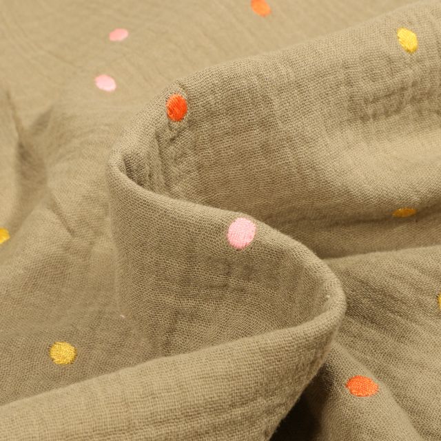 Tissu Double gaze Pois brodés colorés sur fond Vert kaki clair