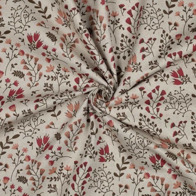 Tissu Toile Polycoton canvas enduit aspect lin petites fleurs Mauve sur fond Naturel