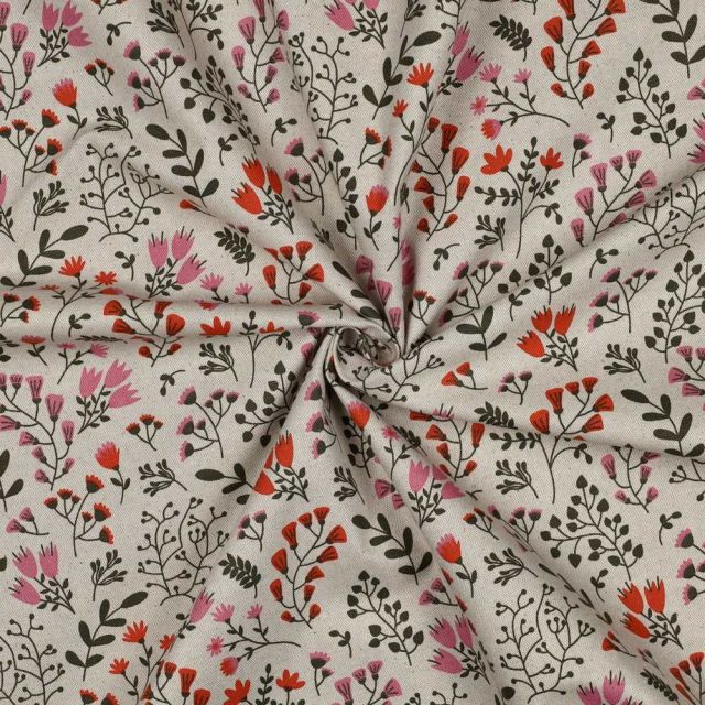 Tissu Toile Polycoton canvas enduit aspect lin petites fleurs Rose sur fond Naturel