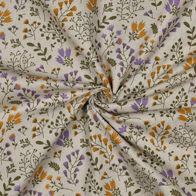 Tissu Toile Polycoton canvas enduit aspect lin petites fleurs Ocre sur fond Naturel