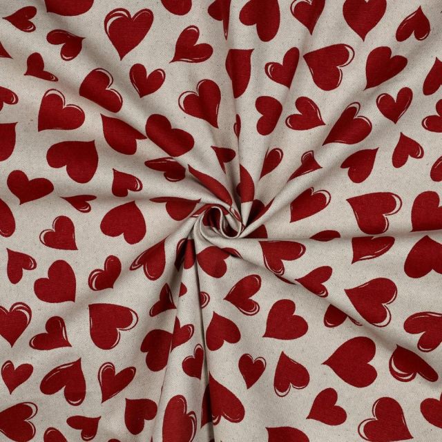 Tissu Toile Polycoton canvas enduit aspect lin Coeurs Rouge sur fond Naturel