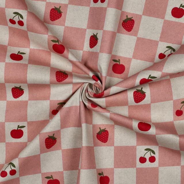 Tissu Toile Polycoton canvas enduit aspect lin Bella carreaux Rose sur fond Naturel