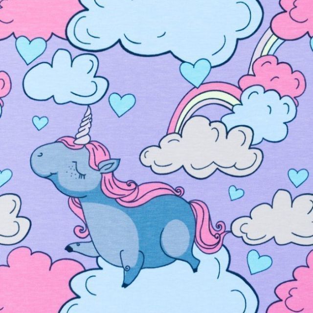 Tissu Jersey Coton Licornes et Ciel Multicolore sur fond Violet - Par 10 cm