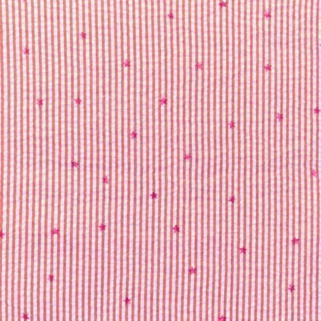 Tissu Seersucker à rayures Rouge Etoiles Fuschia sur fond Blanc - Par 10 cm